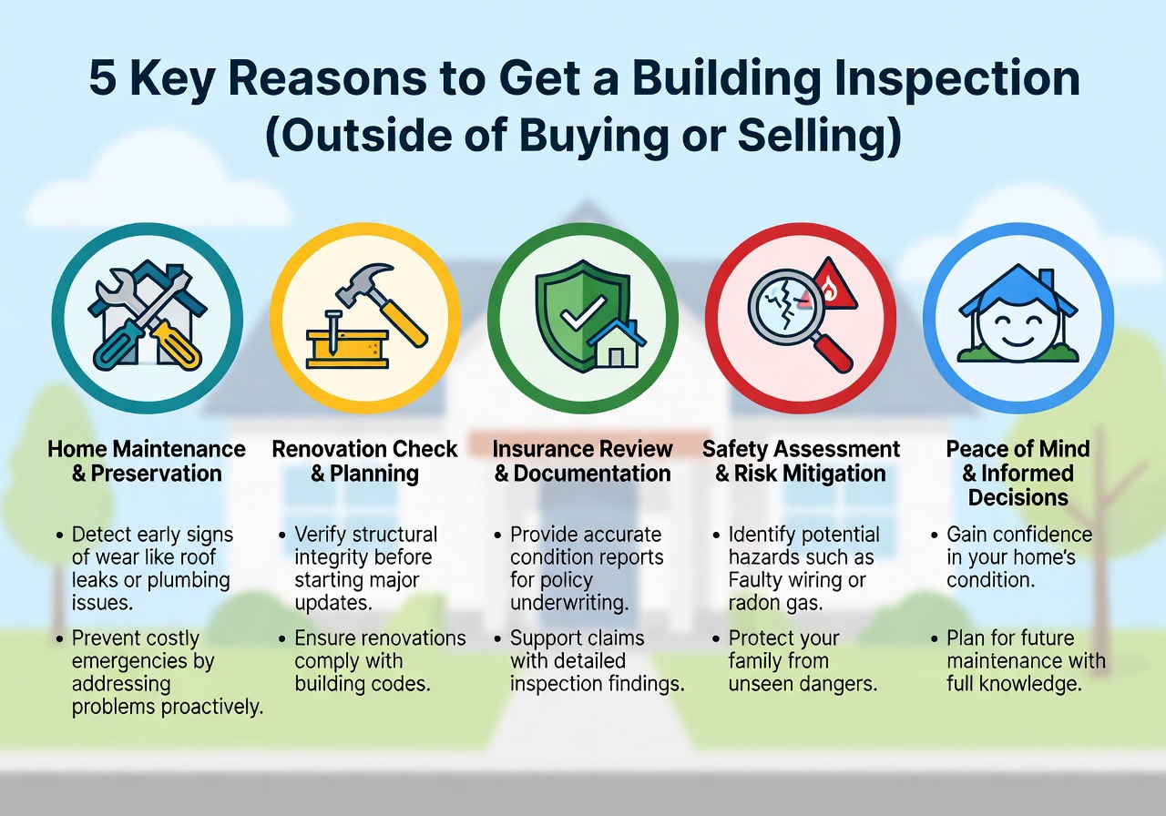 Infographic showing five key reasons to get a building inspection outside of buying or selling a property - building