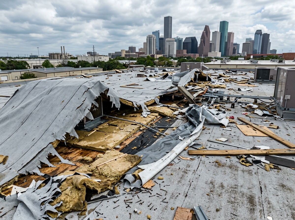 Damaged commercial flat roof with significant wind uplift and membrane tearing - houston wind claims Damaged commercial flat roof with significant wind uplift and membrane tearing - houston wind claims