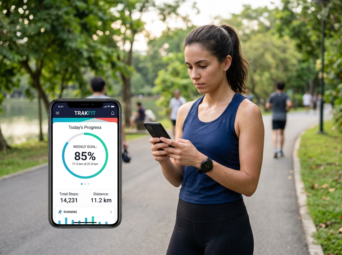 Woman tracking progress on a fitness app with a focused expression - gym quotes for women