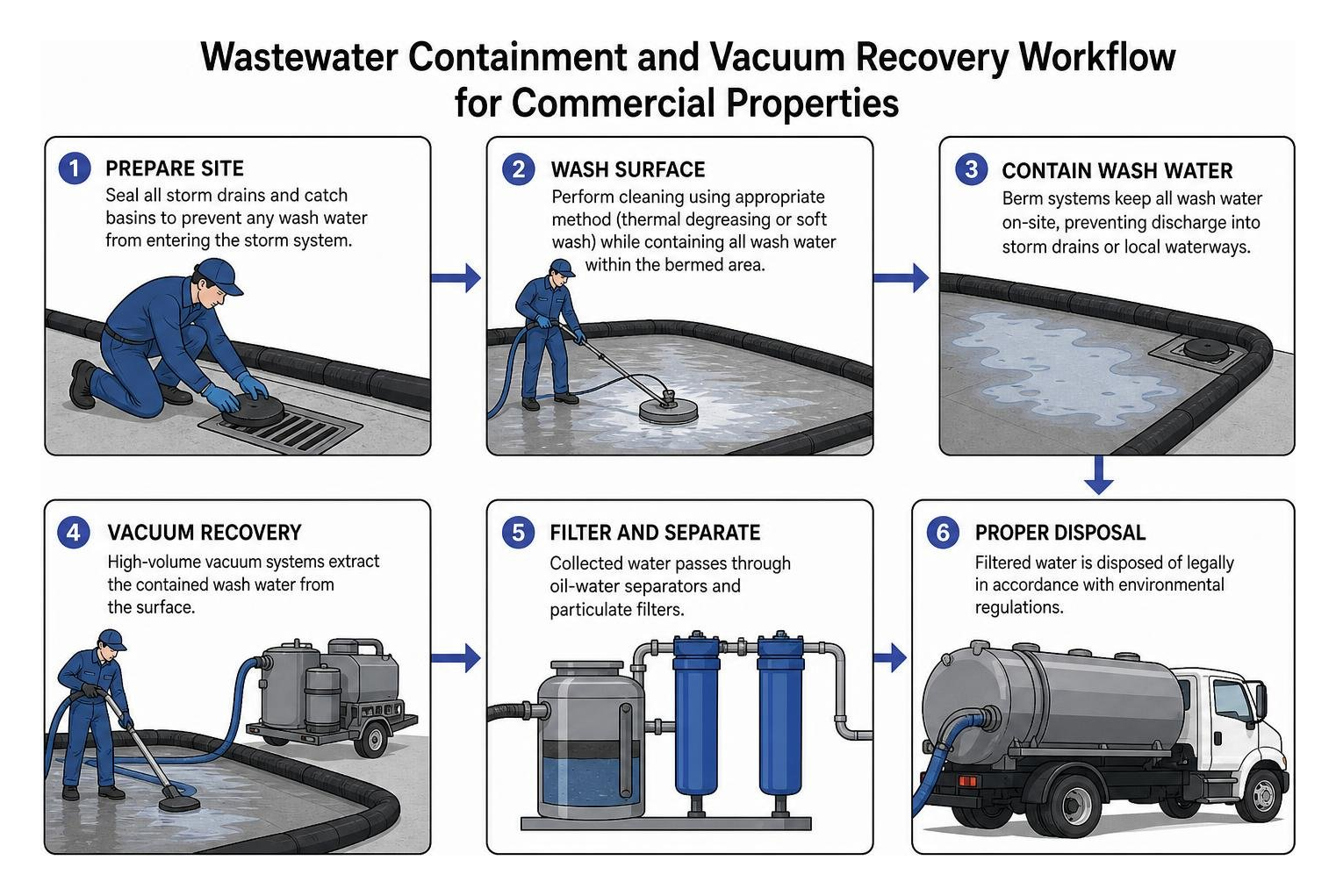 Wastewater containment and vacuum recovery workflow for commercial properties Wastewater containment and vacuum recovery workflow for commercial properties