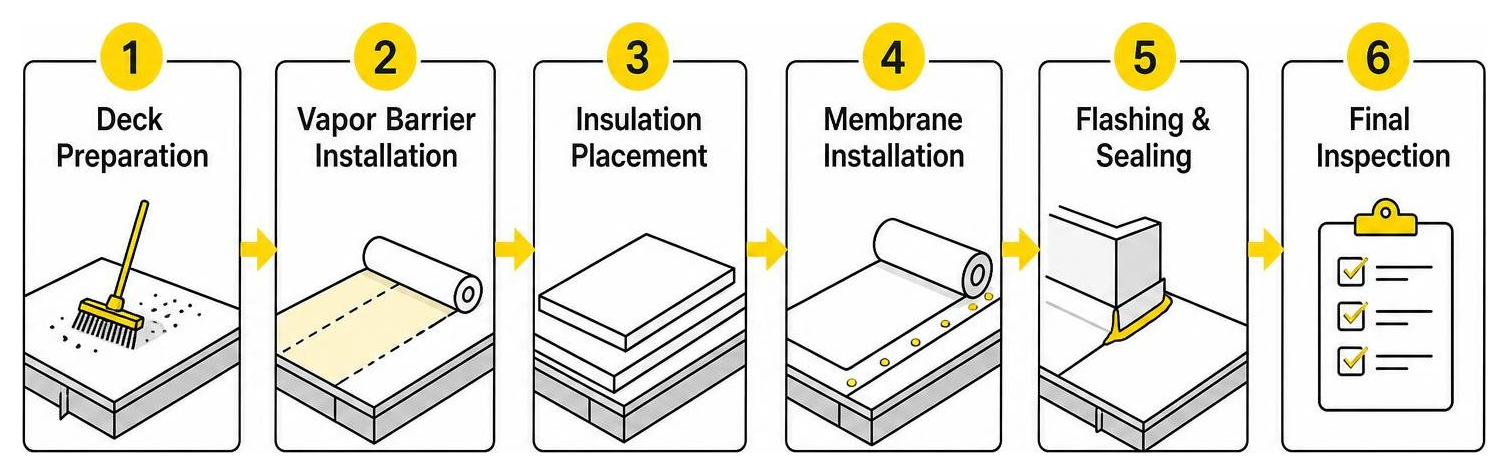 step-by-step commercial roofing installation process from deck preparation to final inspection