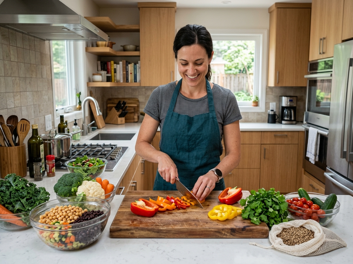 Person preparing high-fiber vegetables like peppers and legumes for volume eating - 1200 calories per day weight loss