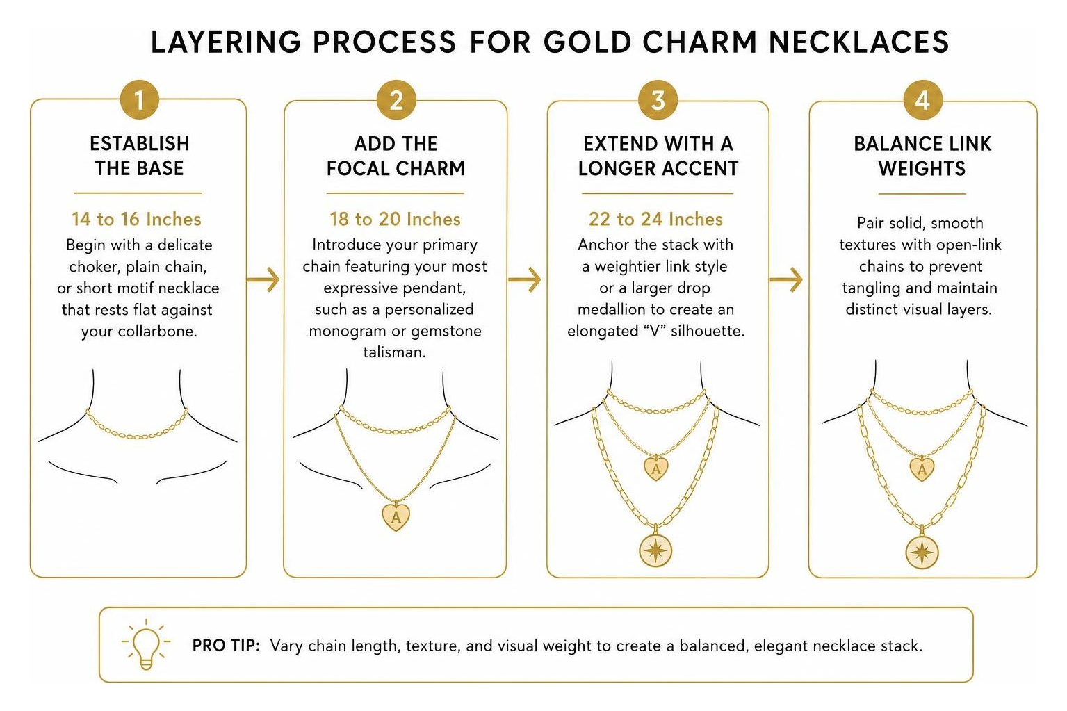 layering process for gold charm necklaces