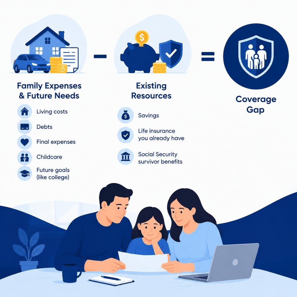 infographic showing family expenses and future needs minus existing resources equals coverage gap infographic infographic showing family expenses and future needs minus existing resources equals coverage gap infographic