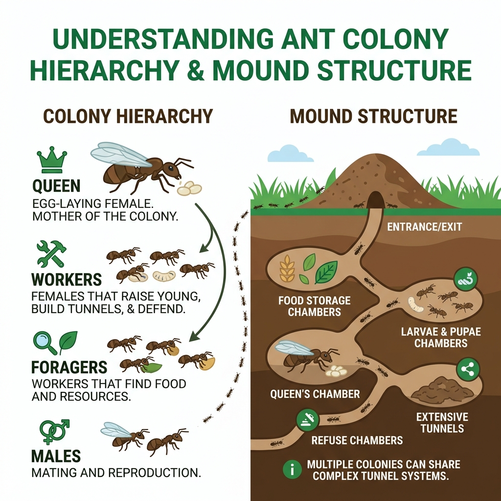 Ant colony hierarchy infographic showing queen, workers, foragers, and mound structure best way to kill ants in yard