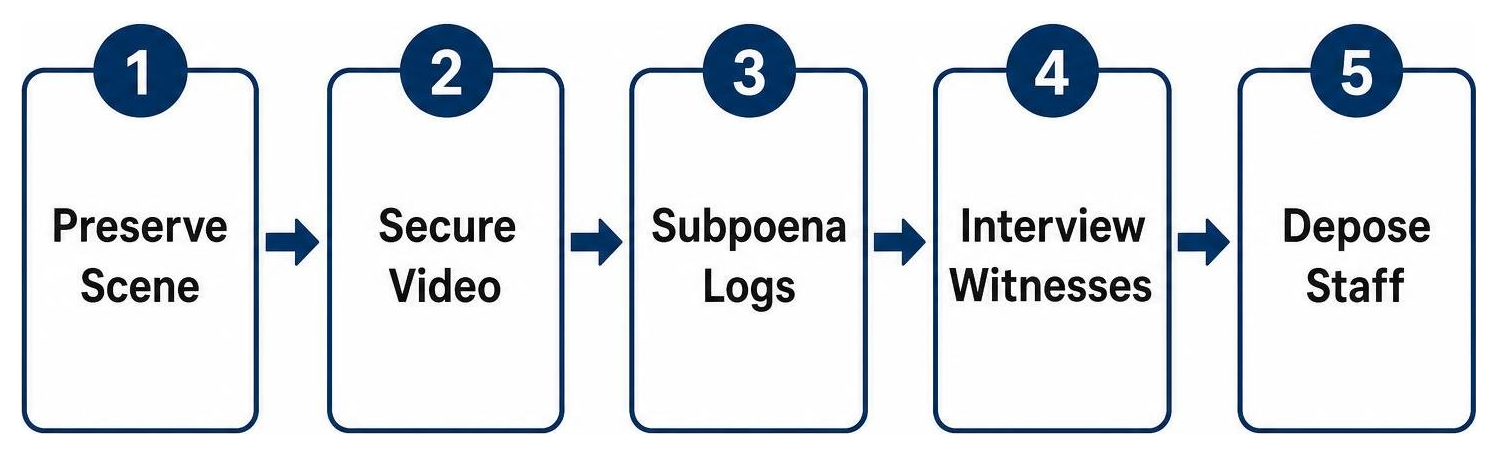 Investigation Process: Preserve Scene, Secure Video, Subpoena Logs, Interview Witnesses, Depose Staff Investigation Process: Preserve Scene, Secure Video, Subpoena Logs, Interview Witnesses, Depose Staff