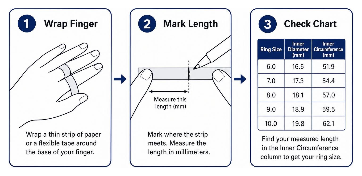Step-by-step ring measurement conversion: wrap finger, mark length, check chart Step-by-step ring measurement conversion: wrap finger, mark length, check chart