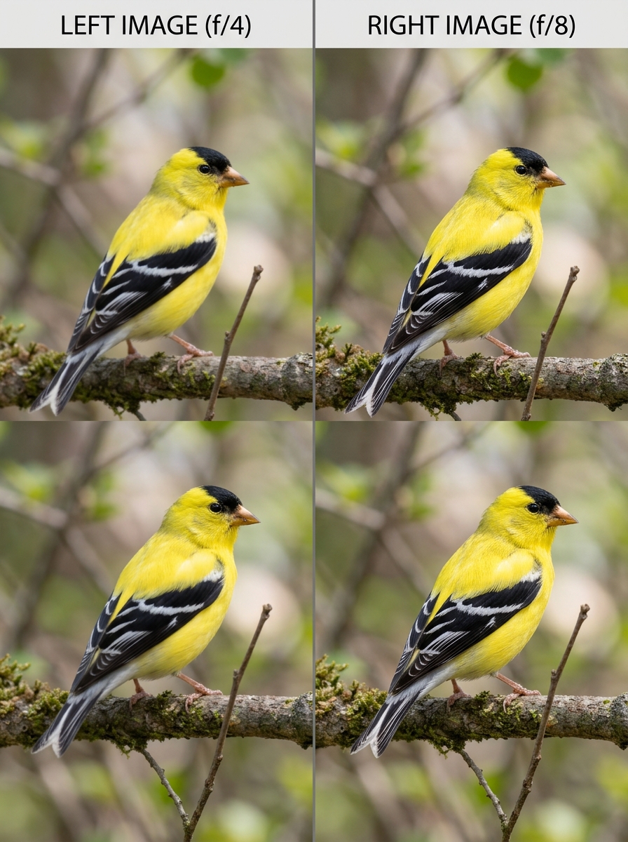 Comparison of a bird shot at f/4 showing soft edges versus f/8 showing crisp detail - f-stop for bird portraits Comparison of a bird shot at f/4 showing soft edges versus f/8 showing crisp detail - f-stop for bird portraits