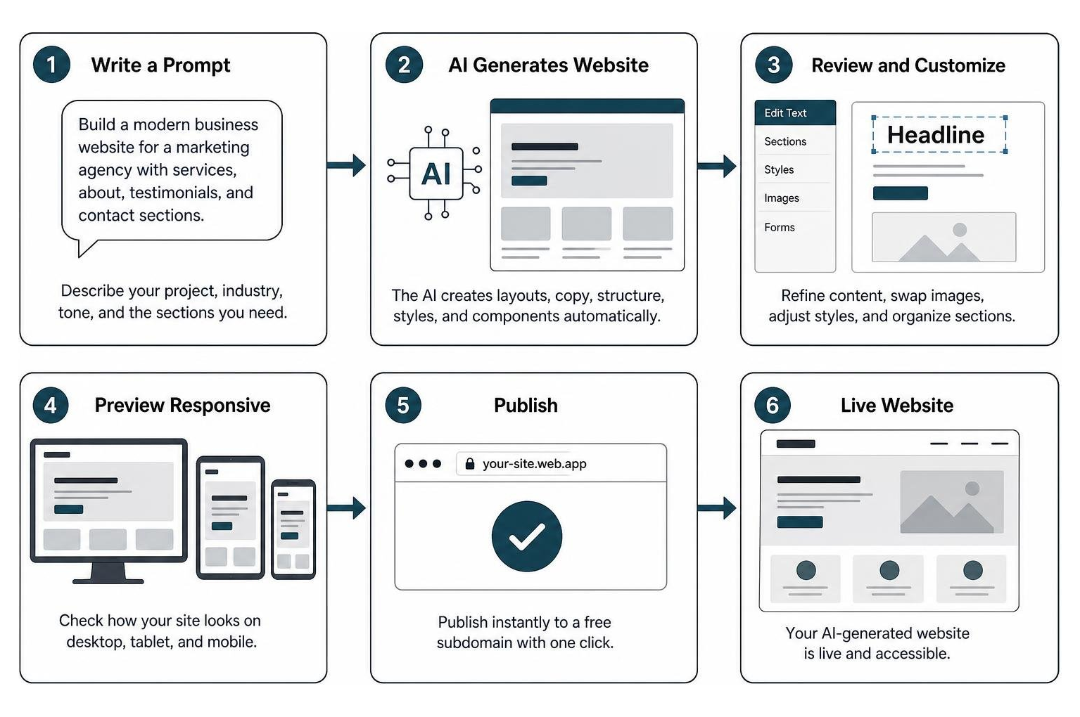 step-by-step workflow from text prompt to live AI-generated website