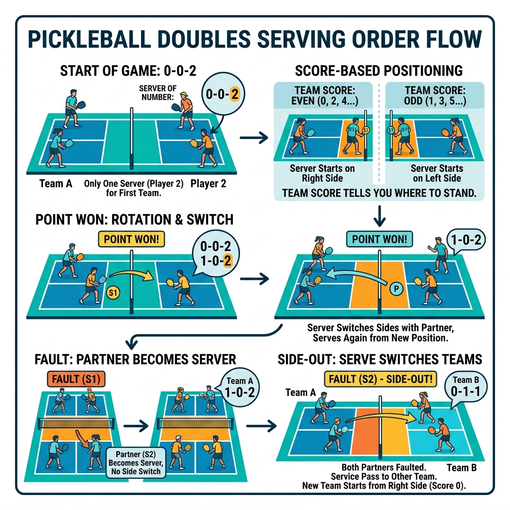 Pickleball doubles serving order flow: score, positioning, rotation, and side-out explained - pickleball doubles serving
