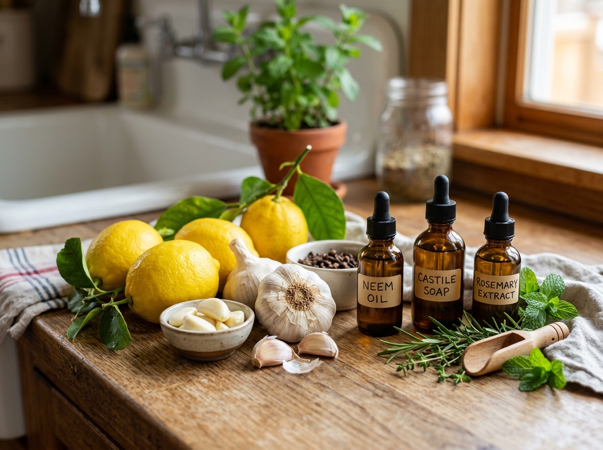 Natural ingredients like lemons, garlic, and oils for DIY plant care - homemade pesticide for houseplants