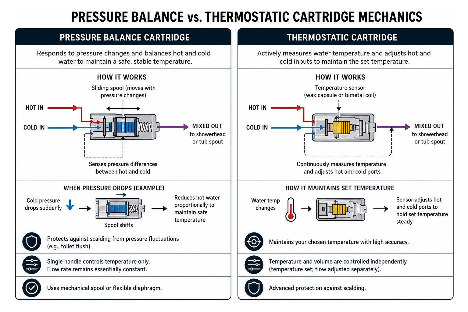 Pressure balance vs thermostatic cartridge mechanics Pressure balance vs thermostatic cartridge mechanics