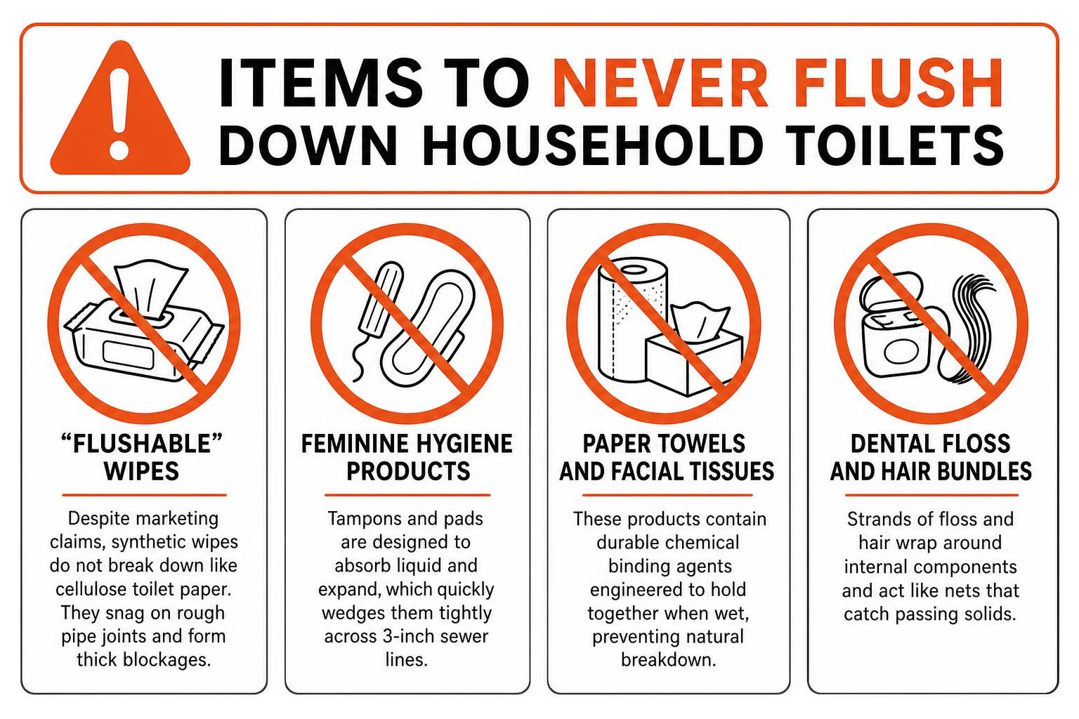 Items to never flush down household toilets Items to never flush down household toilets
