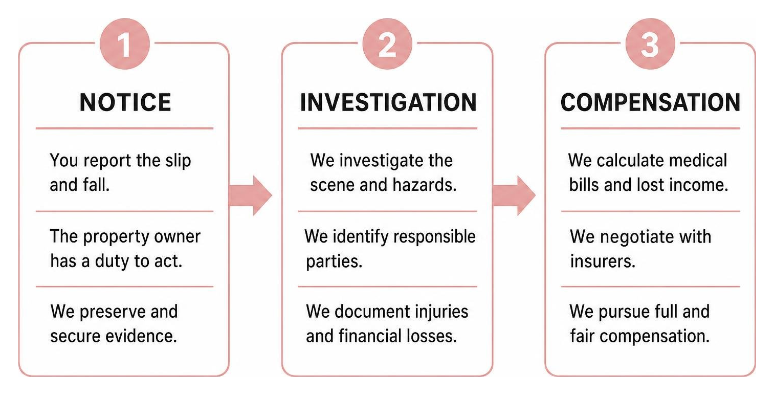 Legal process workflow showing notice, investigation, and compensation Legal process workflow showing notice, investigation, and compensation