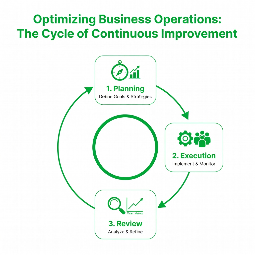 Infographic explaining the steps to better business operations, including planning, execution, and review - business coaching workbook pdf infographic 