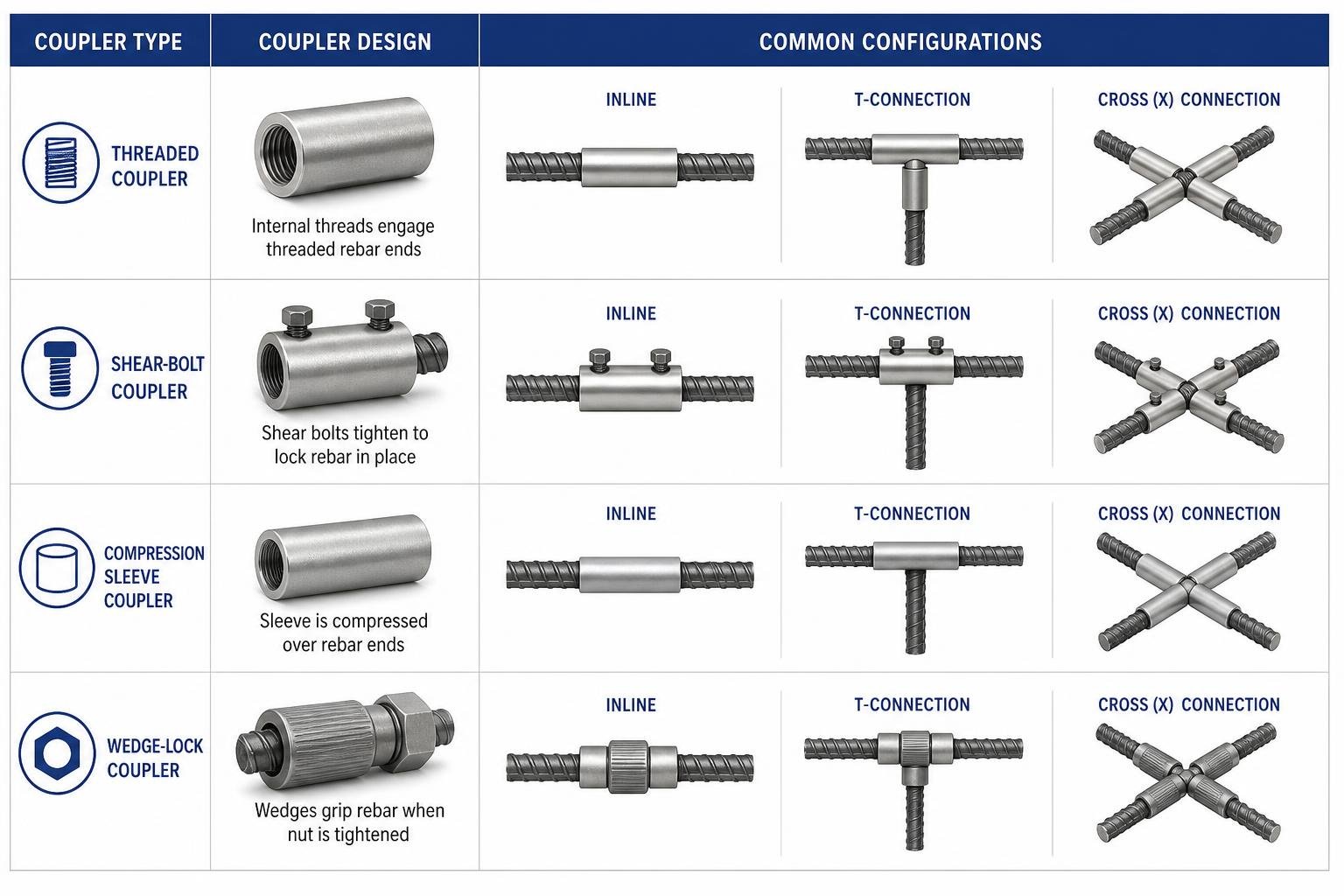 different mechanical rebar coupler designs and their configurations