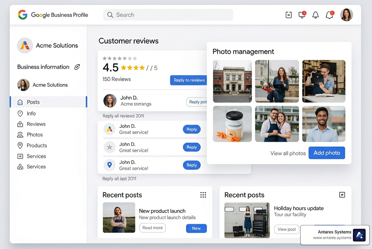 Google Business Profile interface showing various sections like info, reviews, photos, and posts - local search engine optimization Google Business Profile interface showing various sections like info, reviews, photos, and posts - local search engine optimization