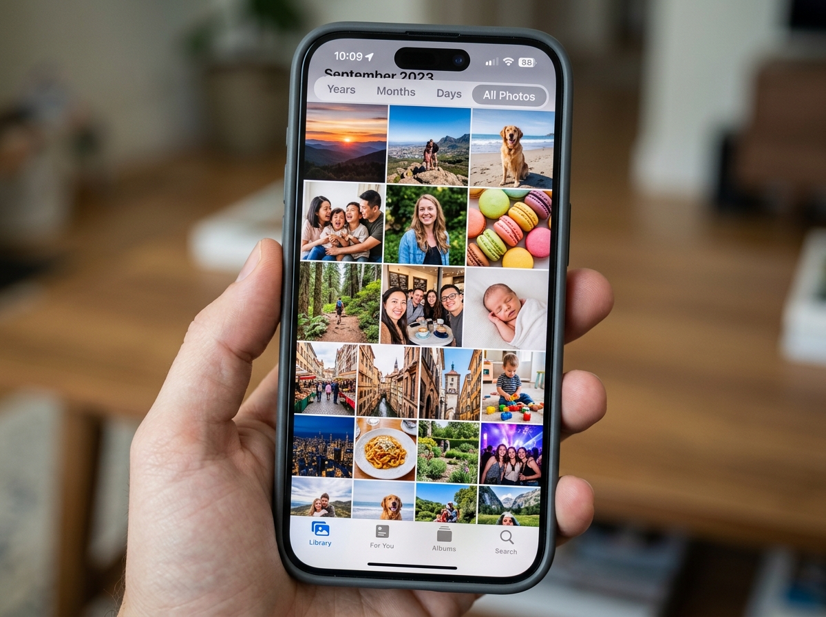 The default iPhone Photos app interface showing the library view - how to sort photos by size on iphone