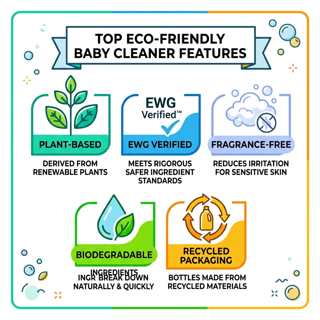 Top eco-friendly baby cleaner features: plant-based, EWG Verified, fragrance-free, biodegradable, recycled packaging - earth