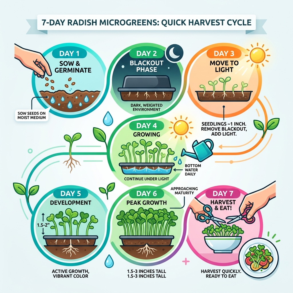 7-day radish microgreens seed-to-plate growth cycle with daily milestones - radish microgreens quick harvest infographic 