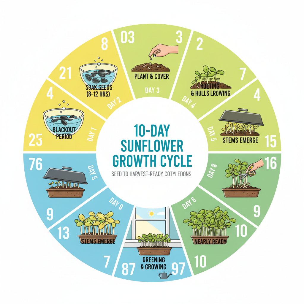 10-day sunflower sprout growth cycle from seed soak to harvest-ready cotyledons - grow sunflower sprouts infographic 