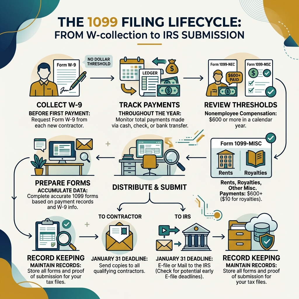 1099 filing lifecycle infographic from W-9 collection to IRS submission with deadlines and thresholds - independent