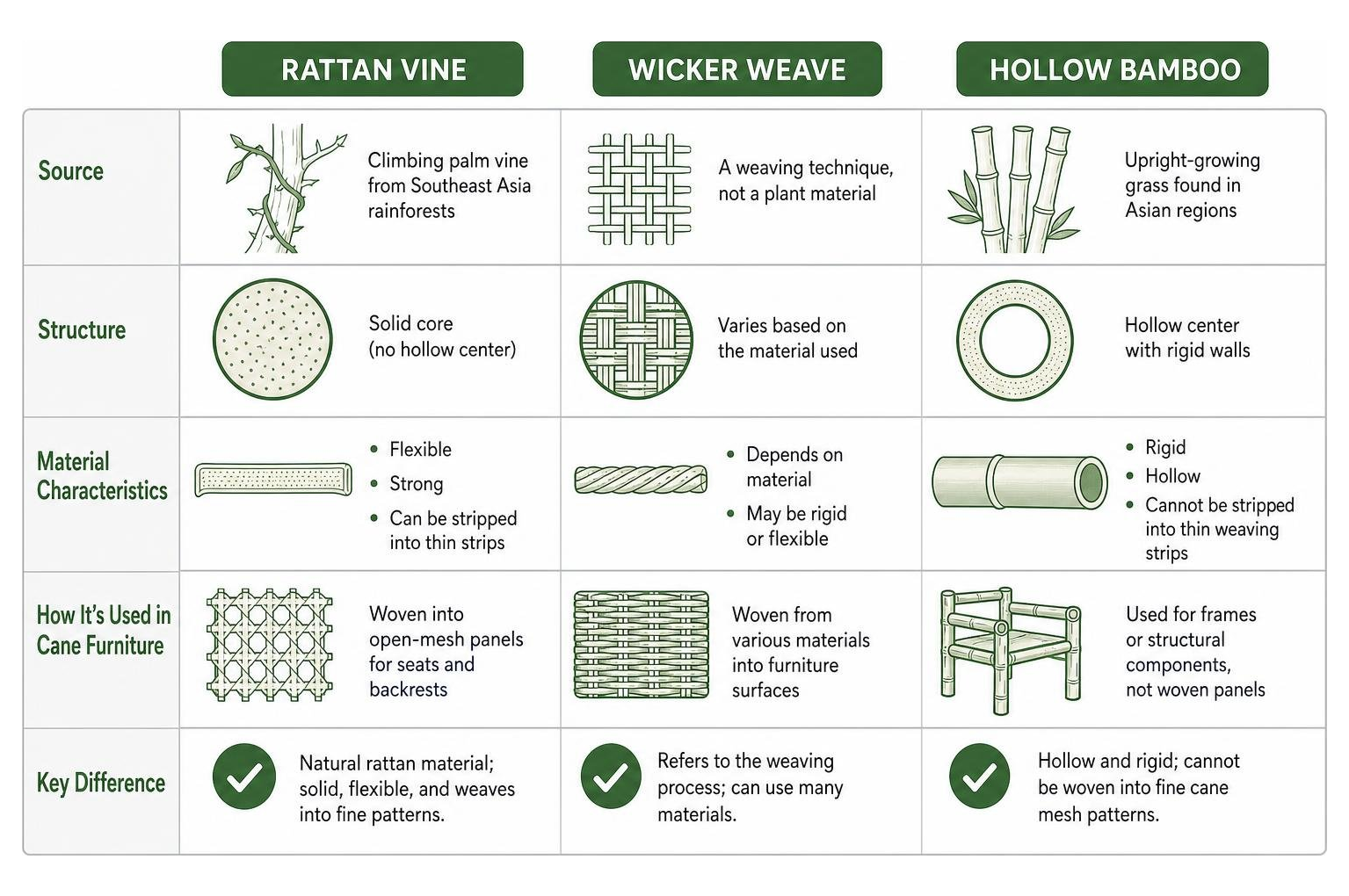 Comparison of rattan vine, wicker weave, and hollow bamboo structures Comparison of rattan vine, wicker weave, and hollow bamboo structures