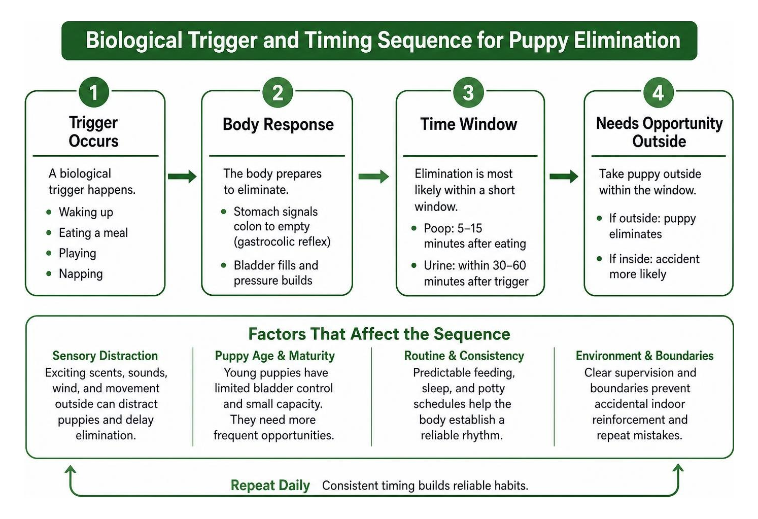 Biological trigger and timing sequence for puppy elimination Biological trigger and timing sequence for puppy elimination