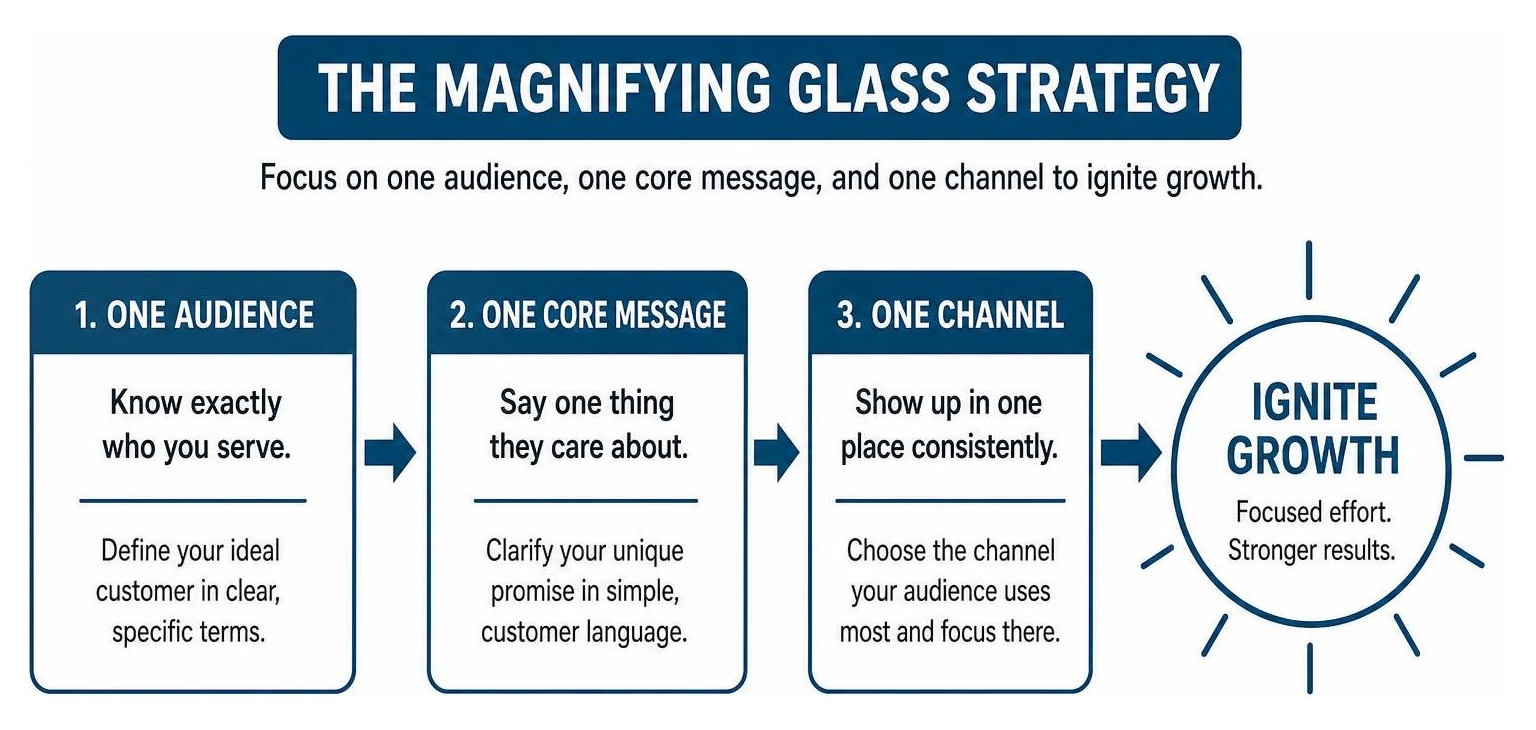 The Magnifying Glass Strategy framework: Focus on one audience, one core message, and one channel to ignite growth The Magnifying Glass Strategy framework: Focus on one audience, one core message, and one channel to ignite growth