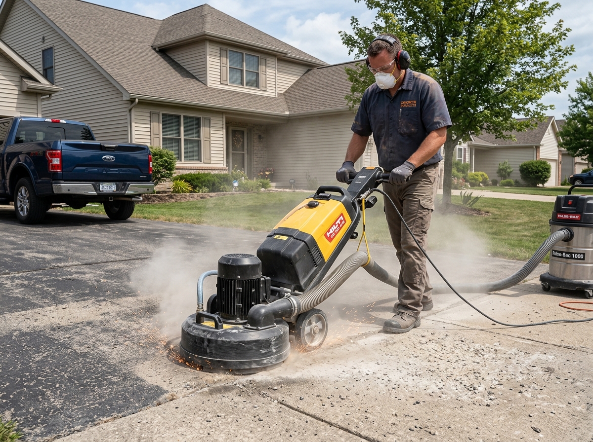 Technician using a heavy-duty diamond grinding machine on a concrete driveway to remove old sealer - driveway paint and Technician using a heavy-duty diamond grinding machine on a concrete driveway to remove old sealer - driveway paint and