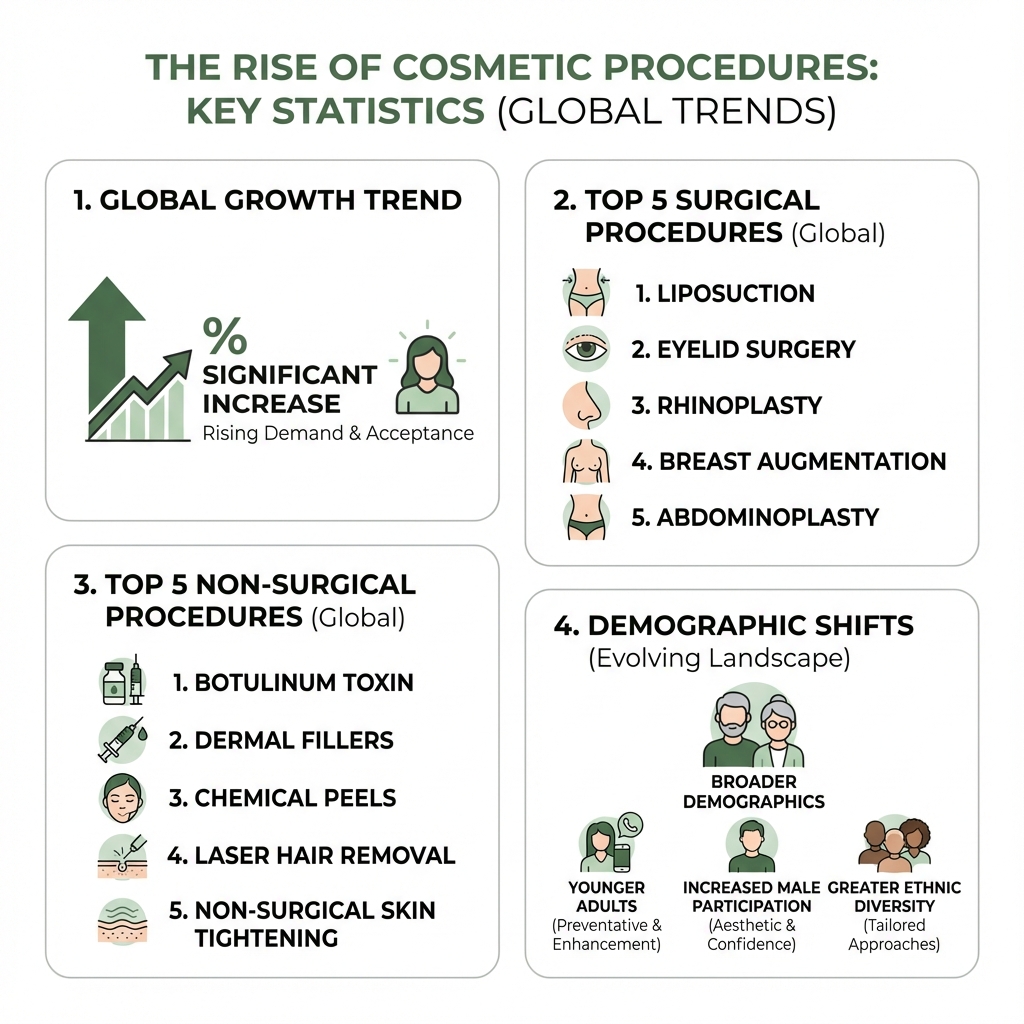 The Rise of Cosmetic Procedures: Key Statistics (growth, top 5 surgical, top 5 non-surgical, demographic shifts) - Cosmetic Procedures infographic 