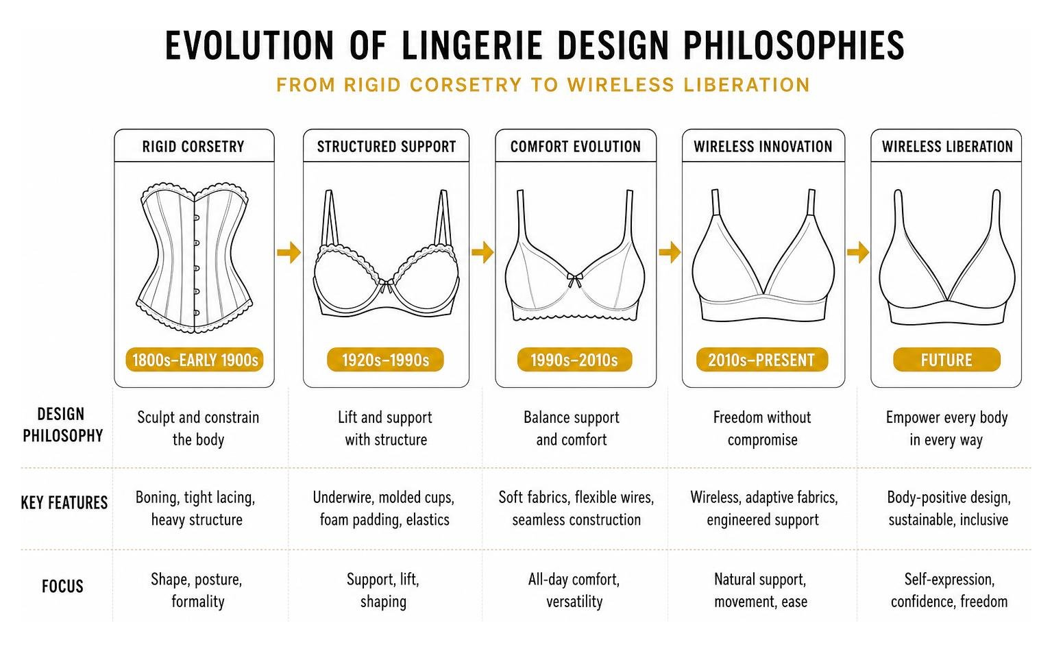 Evolution of lingerie design philosophies from rigid corsetry to wireless liberation