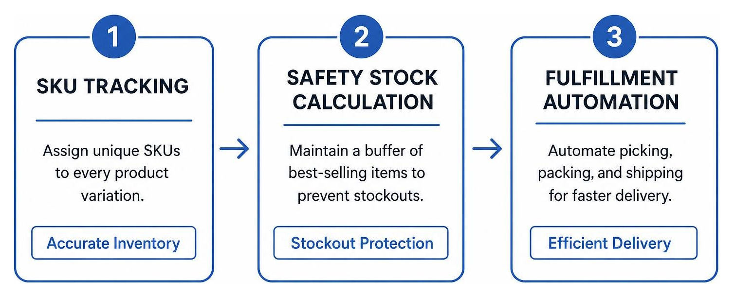 Inventory optimization flow showing SKU tracking, safety stock calculation, and fulfillment automation