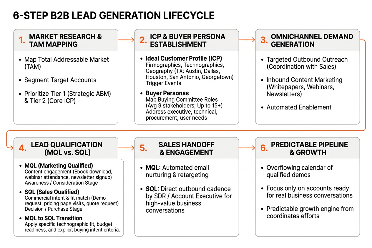 Framework sequence of the 6-step B2B lead generation lifecycle Framework sequence of the 6-step B2B lead generation lifecycle
