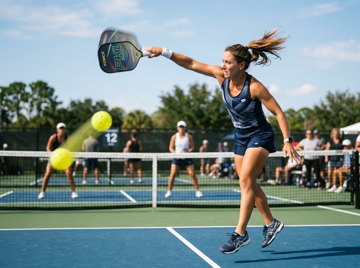 A pickleball player hitting a powerful drive with a customized paddle - best pickleball paddle weight tape A pickleball player hitting a powerful drive with a customized paddle - best pickleball paddle weight tape