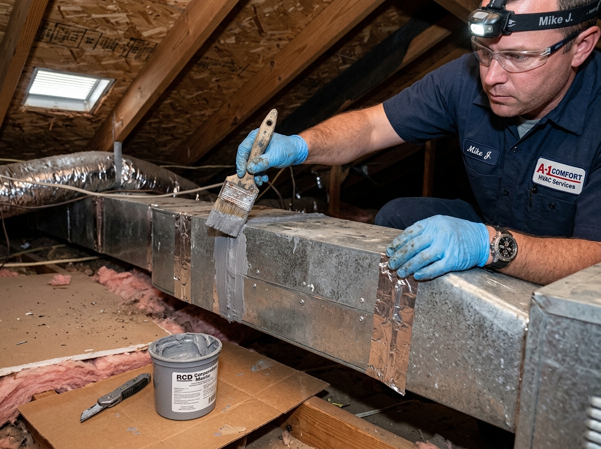 Technician applying grey mastic sealant to a metal duct joint with a brush - ductwork installation services