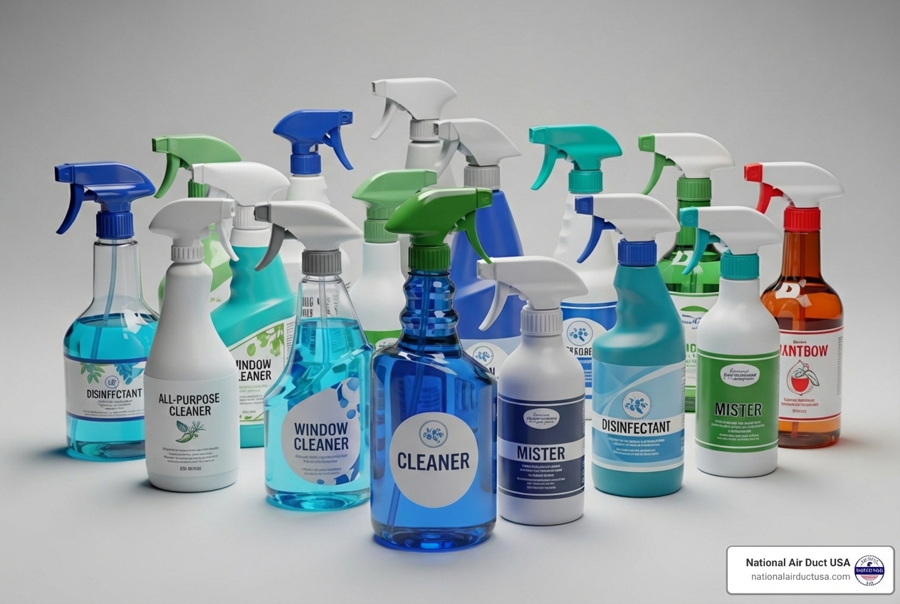 collection of different types of spray bottles - air conditioner mold spray