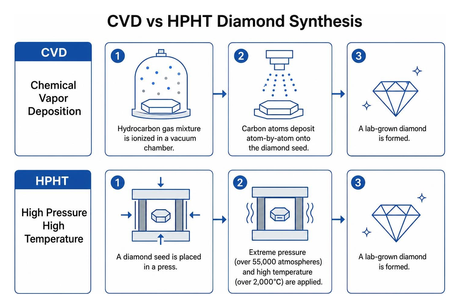 Diagram comparing CVD and HPHT diamond synthesis processes Diagram comparing CVD and HPHT diamond synthesis processes