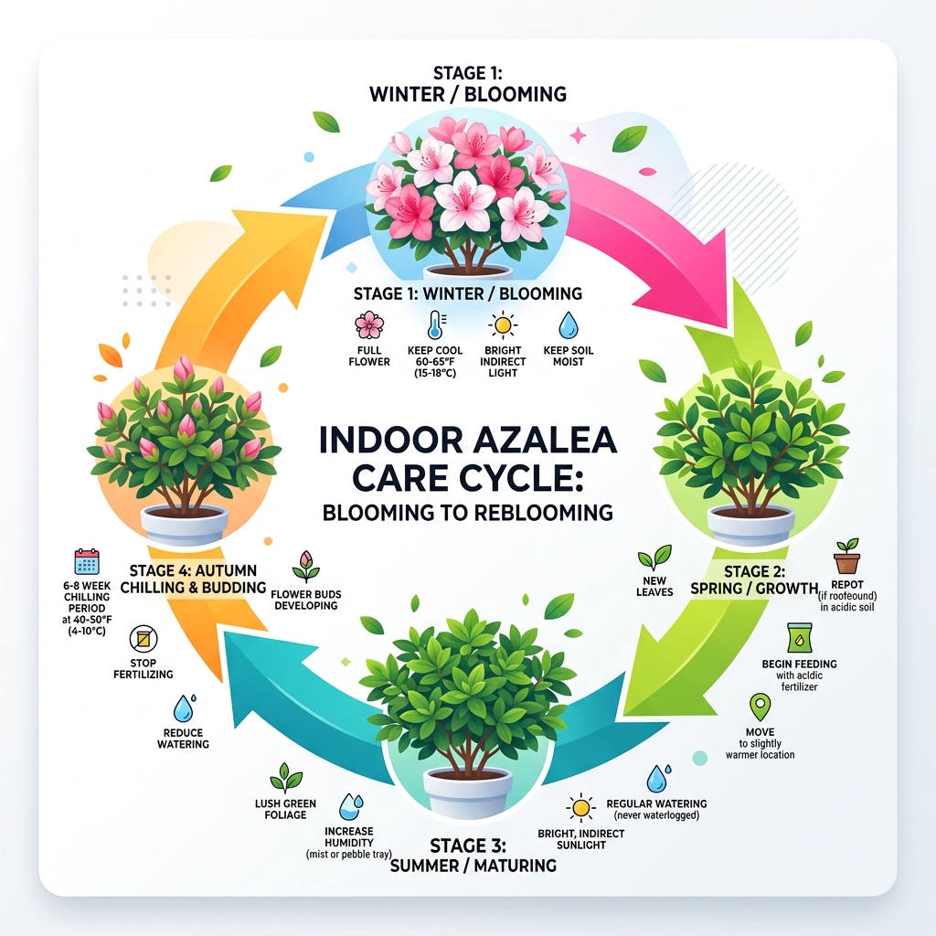 Indoor azalea care cycle showing seasonal needs from blooming to chilling to reblooming - azalea plant care indoors