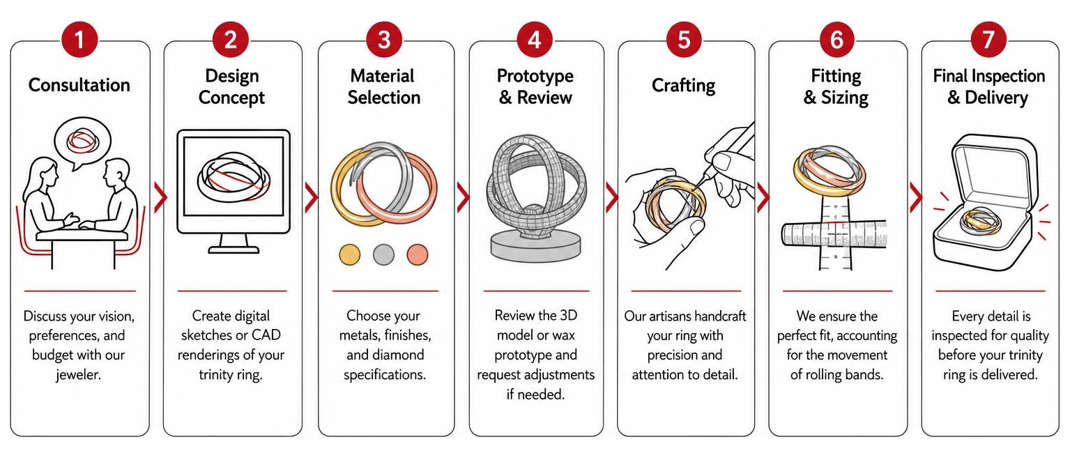 Step-by-step process of custom designing and fitting a trinity ring