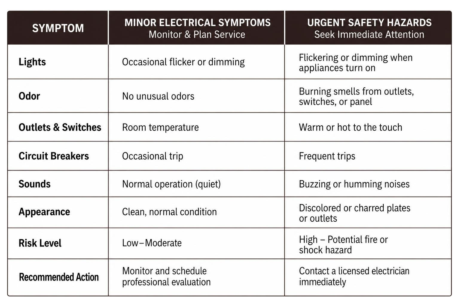 TABLE comparing minor electrical symptoms and urgent safety hazards