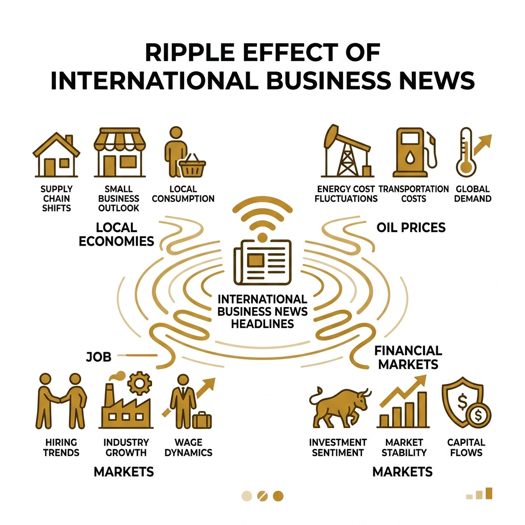 Infographic showing ripple effect of international business news on local economies, oil, jobs, and markets - business news