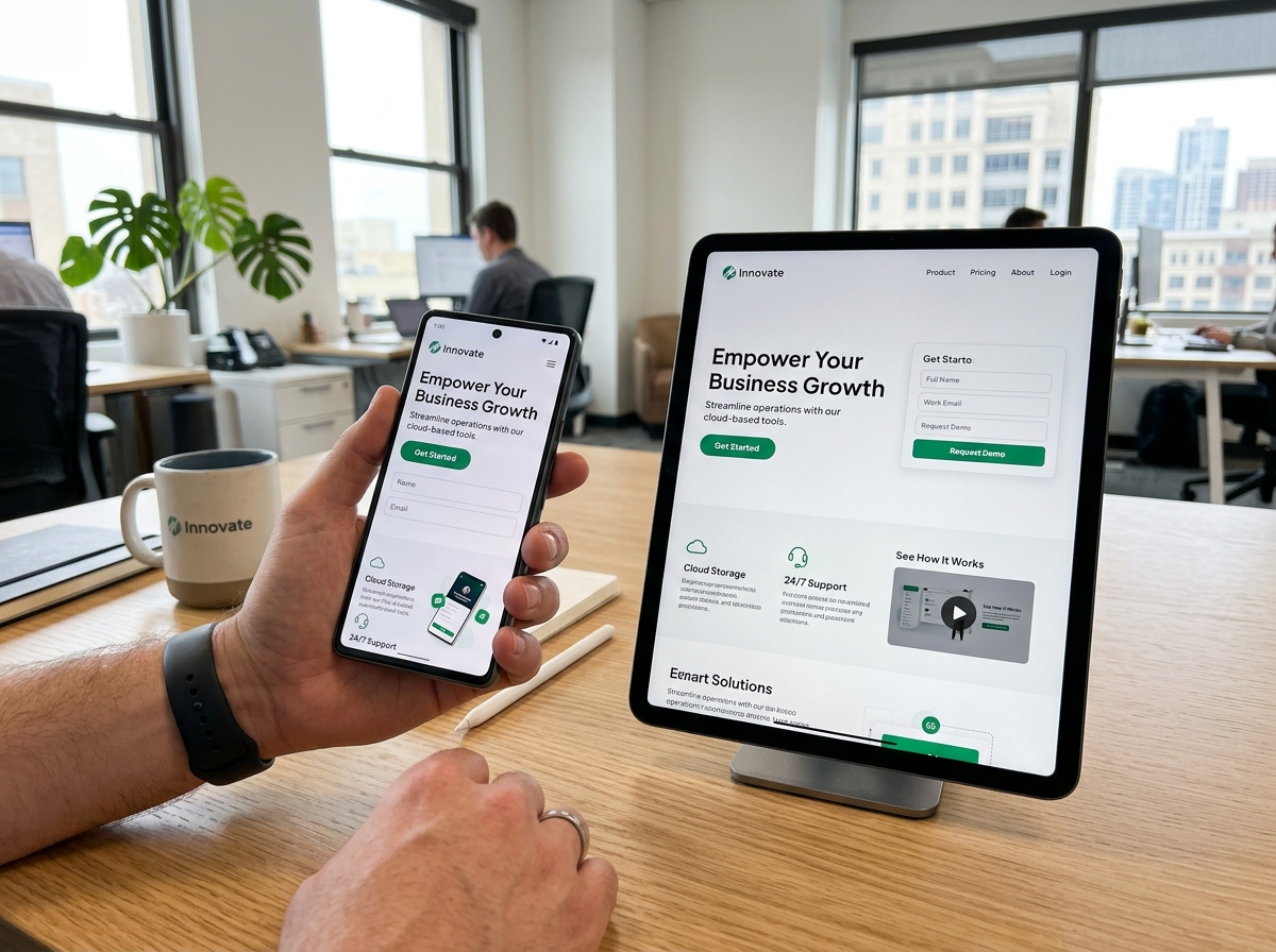 A mobile-responsive landing page design being viewed on a smartphone and tablet - landing page design agencies