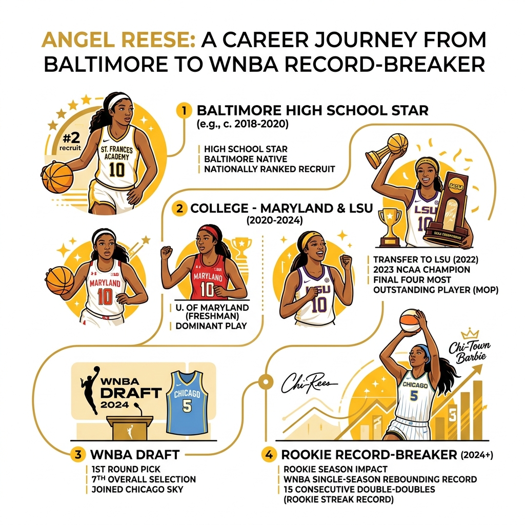 Angel Reese career timeline from Baltimore high school star to Chicago Sky WNBA record-breaker - angel reese infographic Angel Reese career timeline from Baltimore high school star to Chicago Sky WNBA record-breaker - angel reese infographic