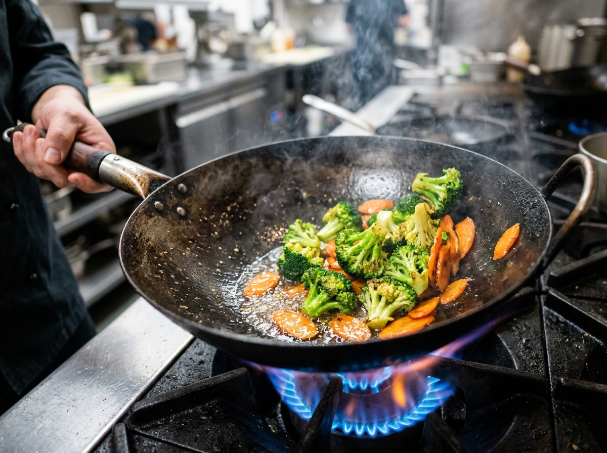 Crisp-tender vegetables searing in a hot pan over high flame - 25 minute healthy stir fry Crisp-tender vegetables searing in a hot pan over high flame - 25 minute healthy stir fry