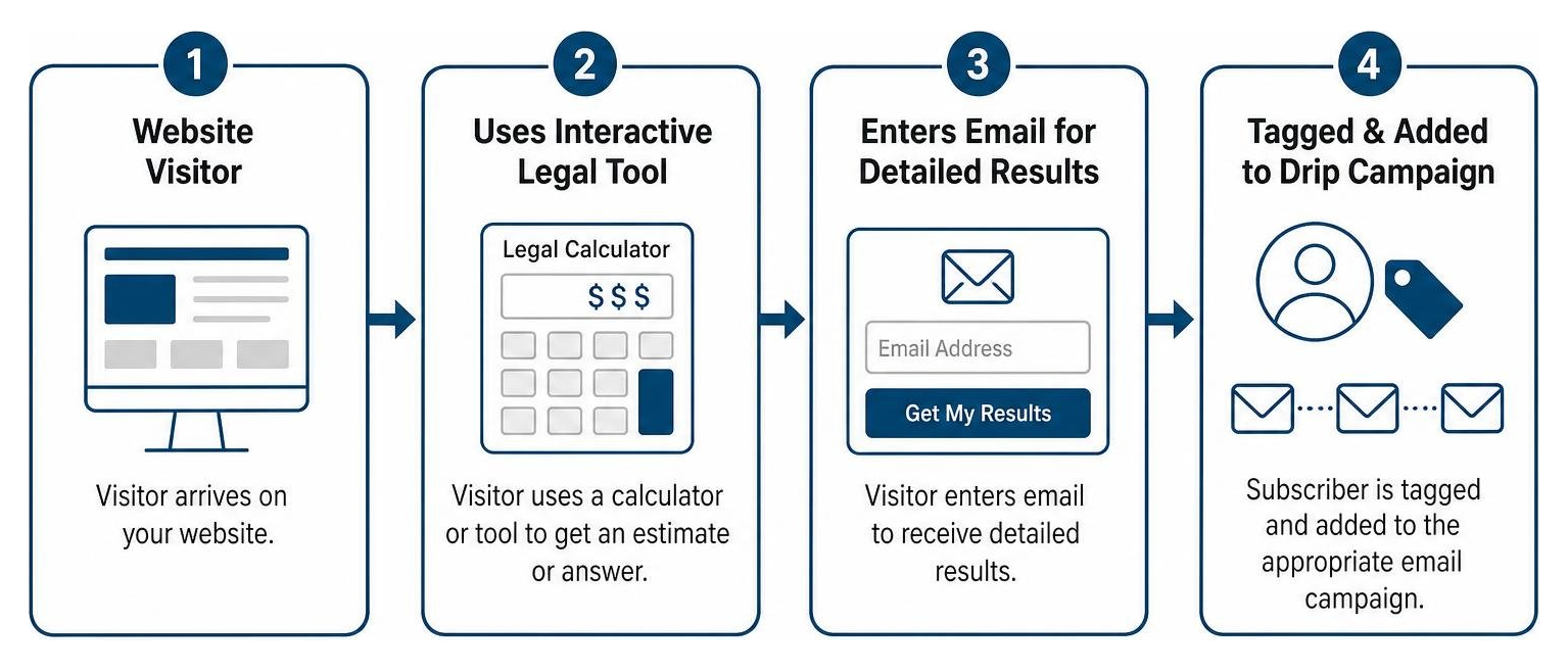 Diagram illustrating how website visitors convert into email subscribers through interactive legal tools