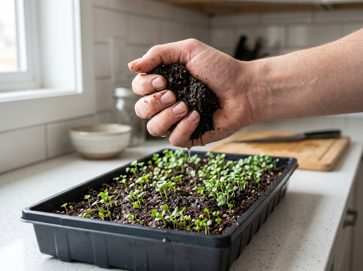 A hand testing the moisture level of microgreens soil to ensure a damp sponge consistency - microgreens soil hydration tips A hand testing the moisture level of microgreens soil to ensure a damp sponge consistency - microgreens soil hydration tips