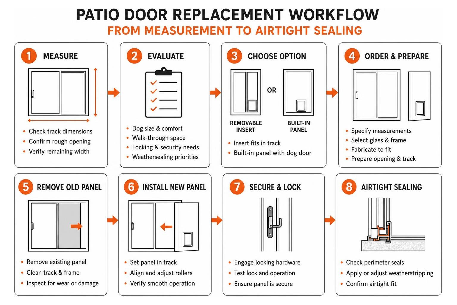 Patio door replacement workflow from measurement to airtight sealing