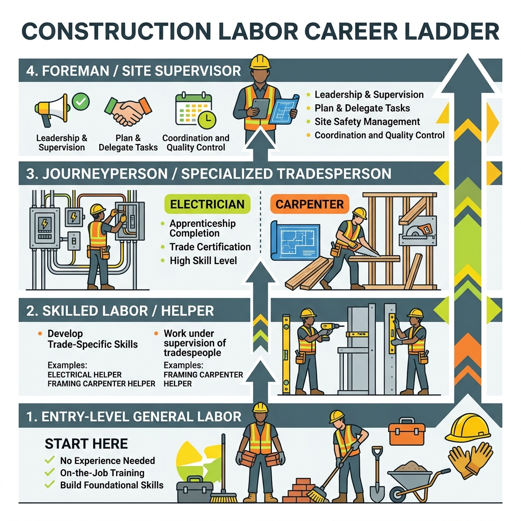 Construction labor career ladder from entry-level worker to foreman to specialized tradesperson - construction jobs general