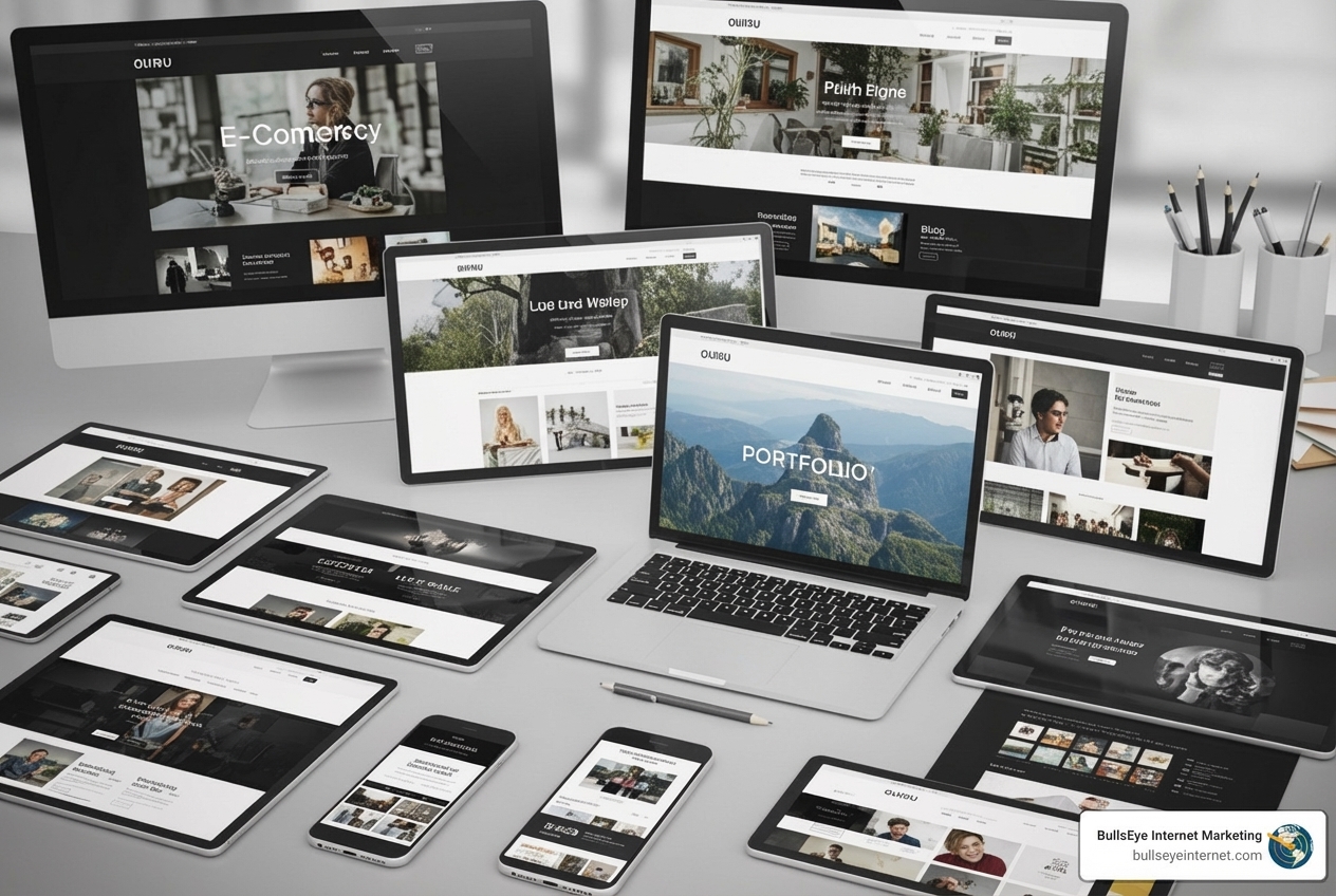 collage of different website designs from a portfolio - wordpress web designer near me Multiple devices displaying various modern website designs, showcasing portfolio elements and e-commerce features, emphasizing responsive web design and user experience for potential clients.